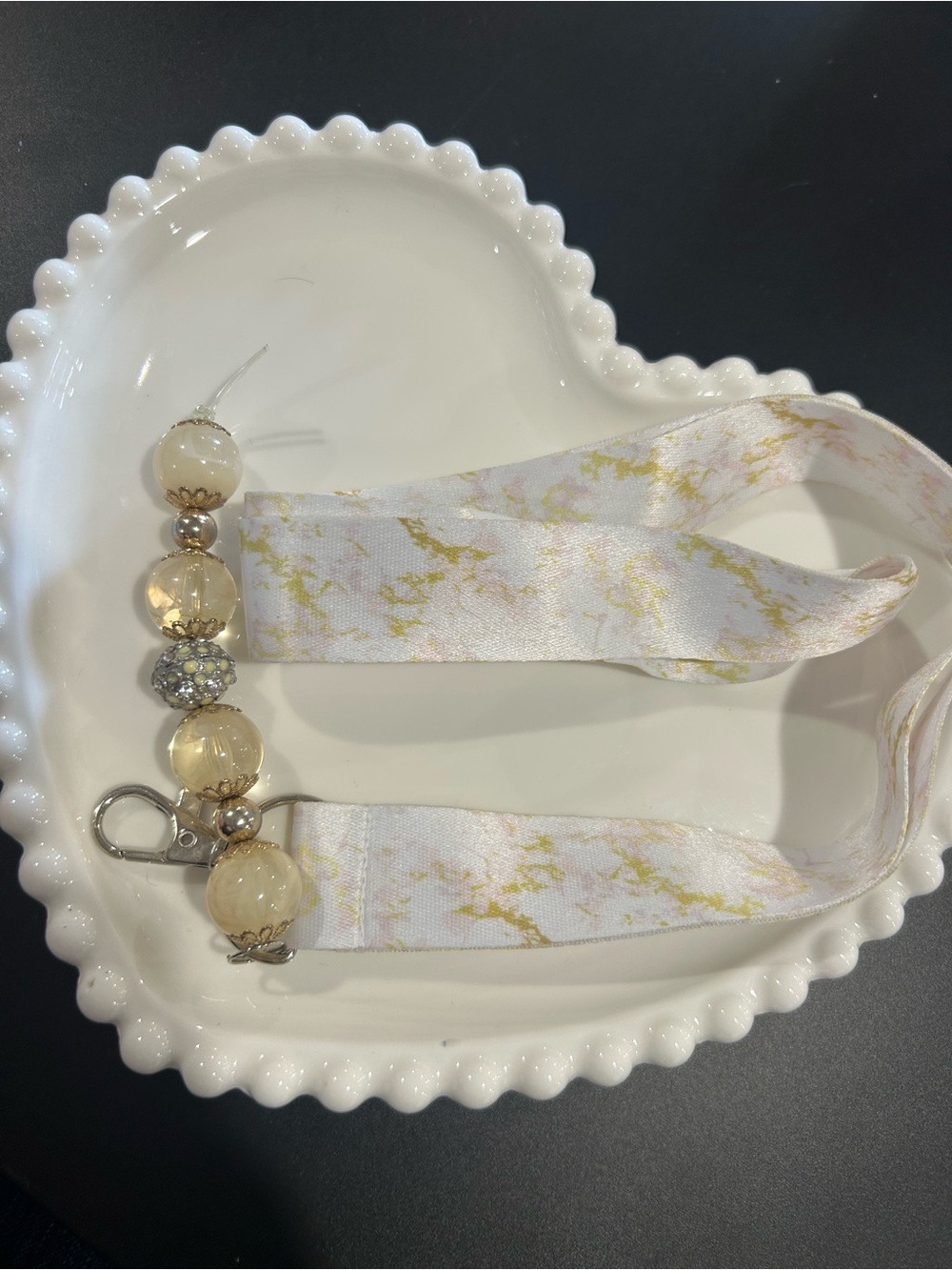 Elegant Cream Marble Ribbon Lanyard with Beaded Accent